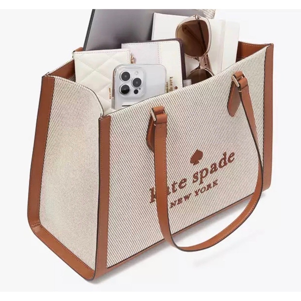 Kate Spade Ellie Large Tote Bag Canvas Brown Leather Shoulder Bag KF508 - Picture 2 of 9